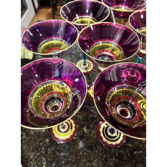 4 Pier 1 Festive Martini Glasses Blown Colorful Purple Stripe Gold Accent 8" Set - Picture 4 of 14